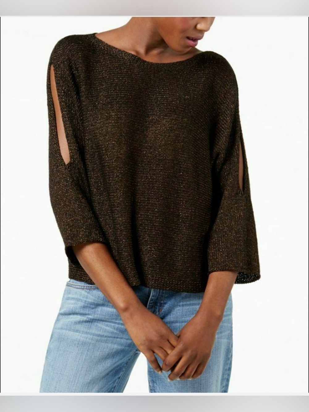 Eileen Fisher Organic Linen Knit Sweater Bronze Brown Dolman Sweater L